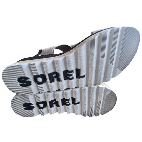 Sorel Sandal US 8.5 Cameron Stretch Leather Strappy Cork Wedge Tan Black Preppy - Picture 8 of 8